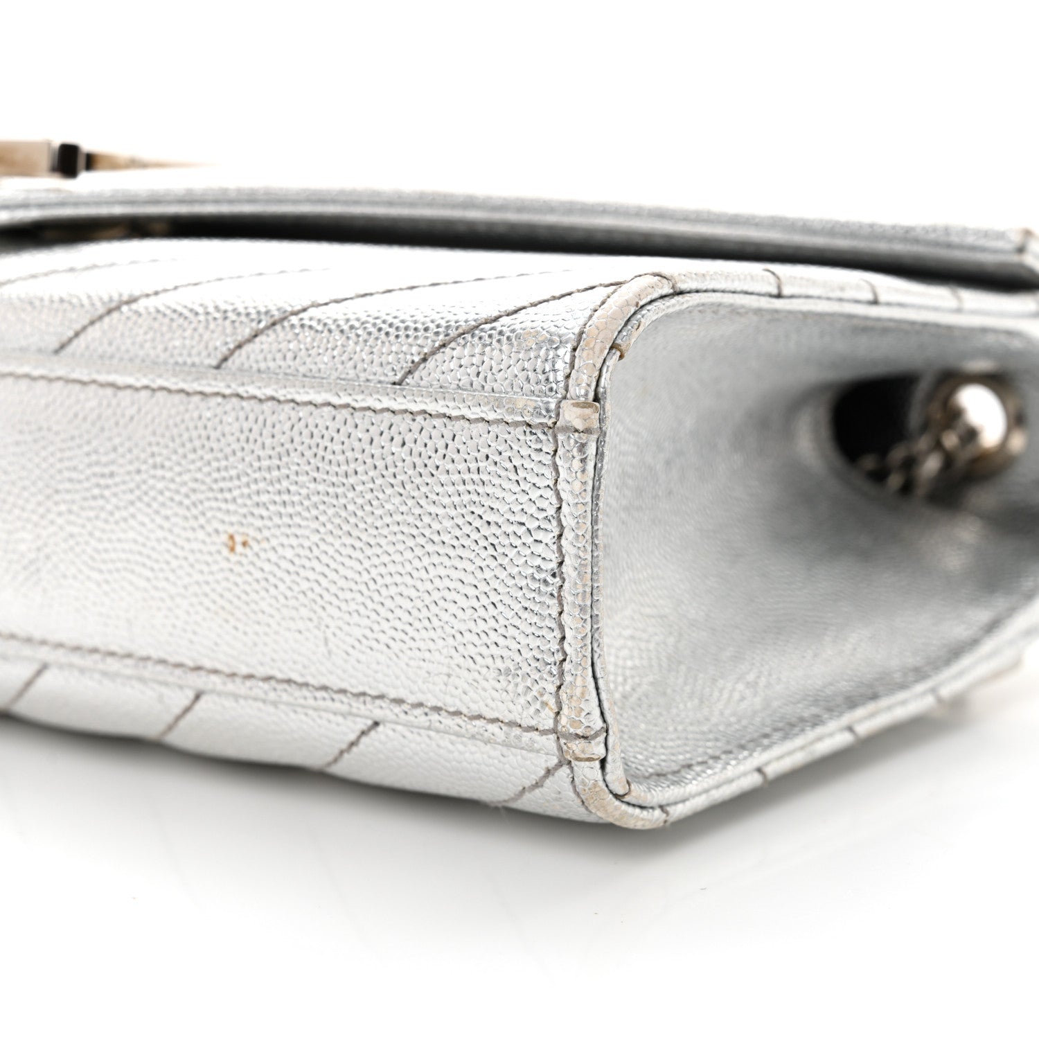 Saint Laurent Metallic Grain De Poudre Matelasse Chevron Small Monogram Satchel Silver 11 of 14