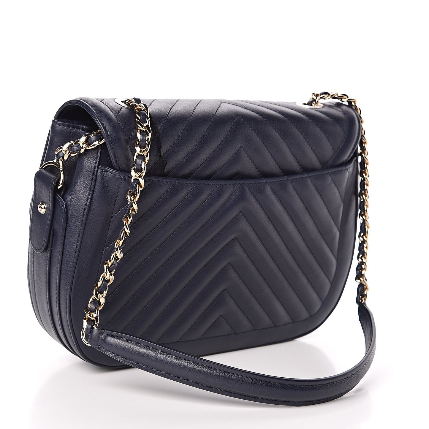 Calfskin Chevron Quilted Messenger Flap Navy