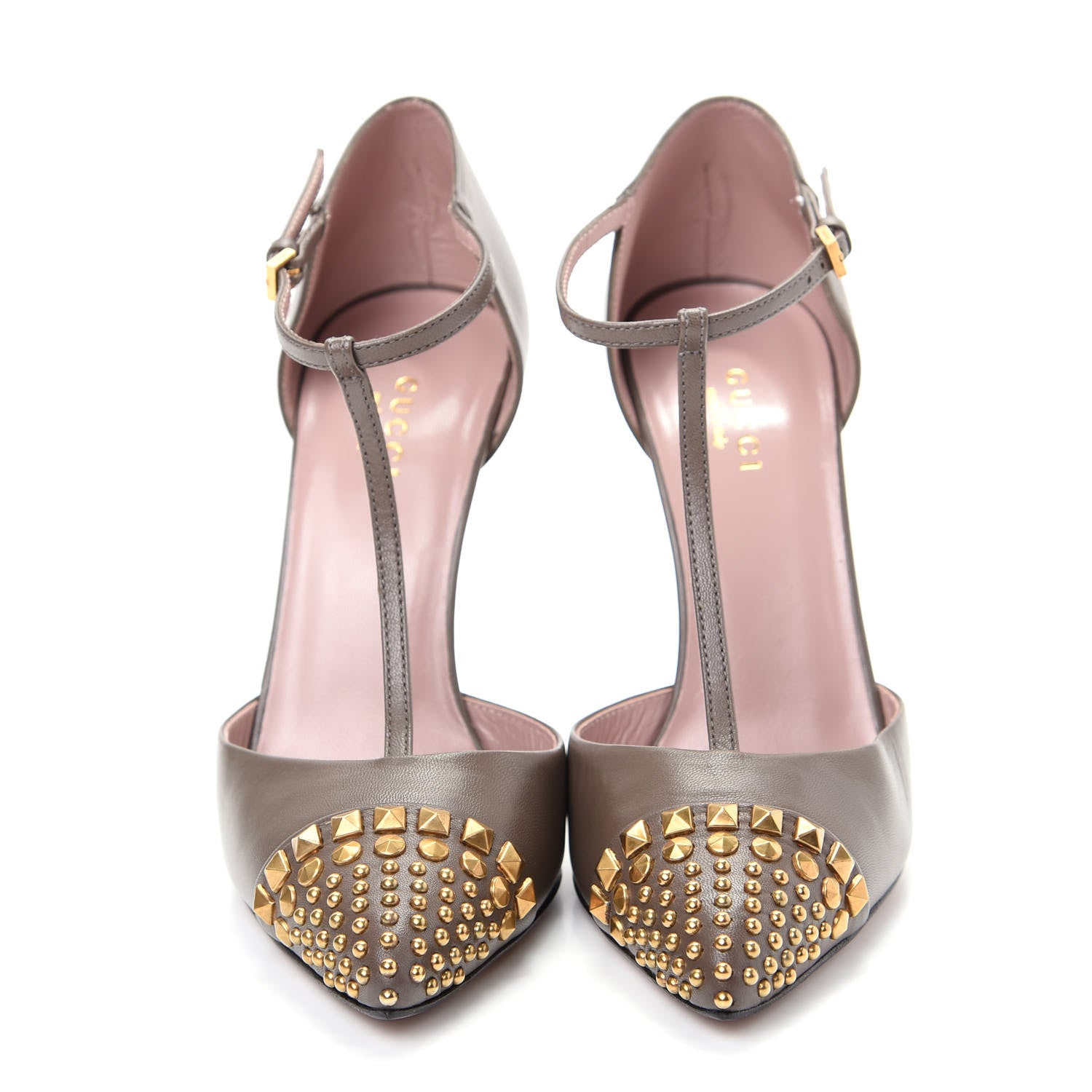 Gucci Malaga Kid Studded Cap Toe T Strap Pumps 36 Grey Field 2 of 10