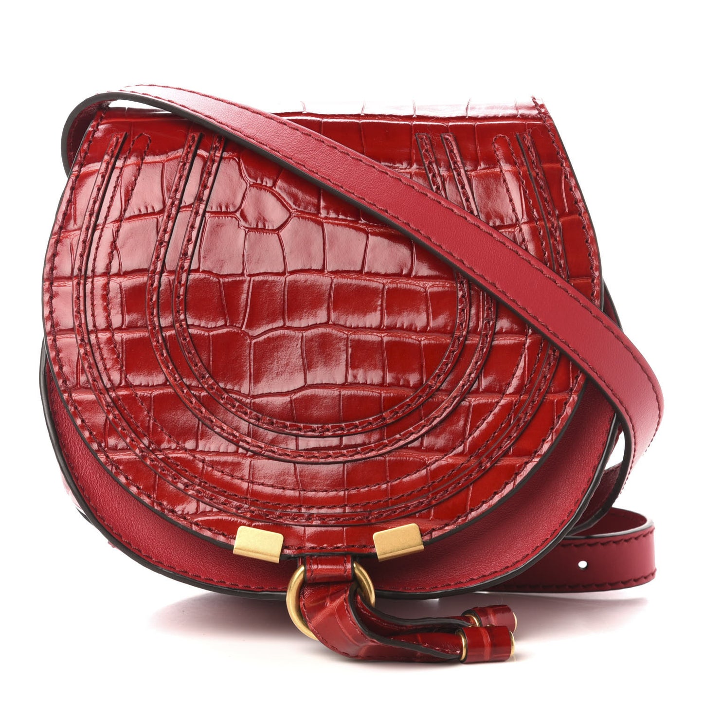 Calfskin Crocodile Embossed Mini Marcie Round Crossbody Bag Dusky Red
