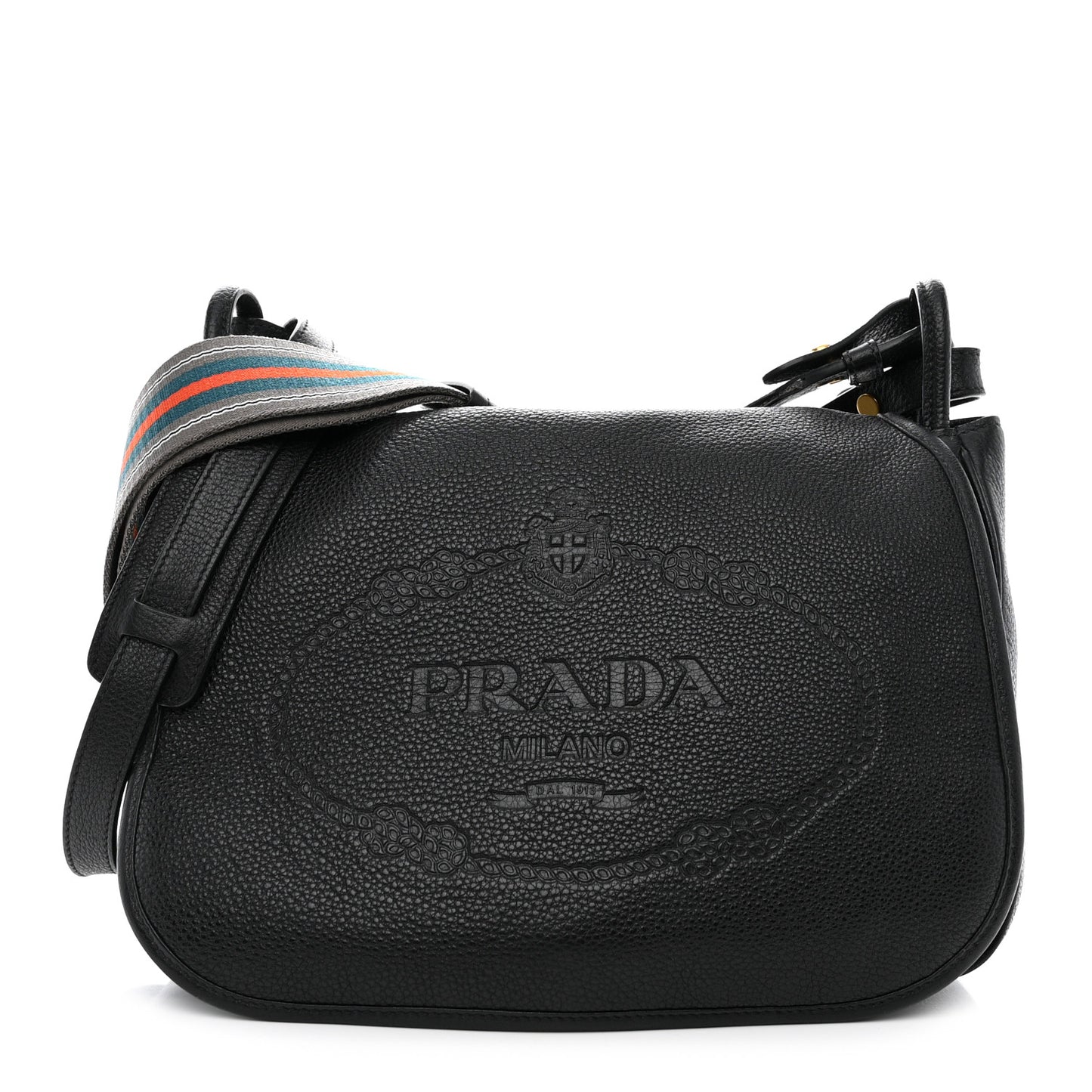 Vitello Daino Embossed Logo Flap Shoulder Bag Black