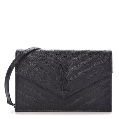 Saint Laurent Grain De Poudre Matelasse Chevron Monogram Envelope Chain Wallet Black 1 of 15