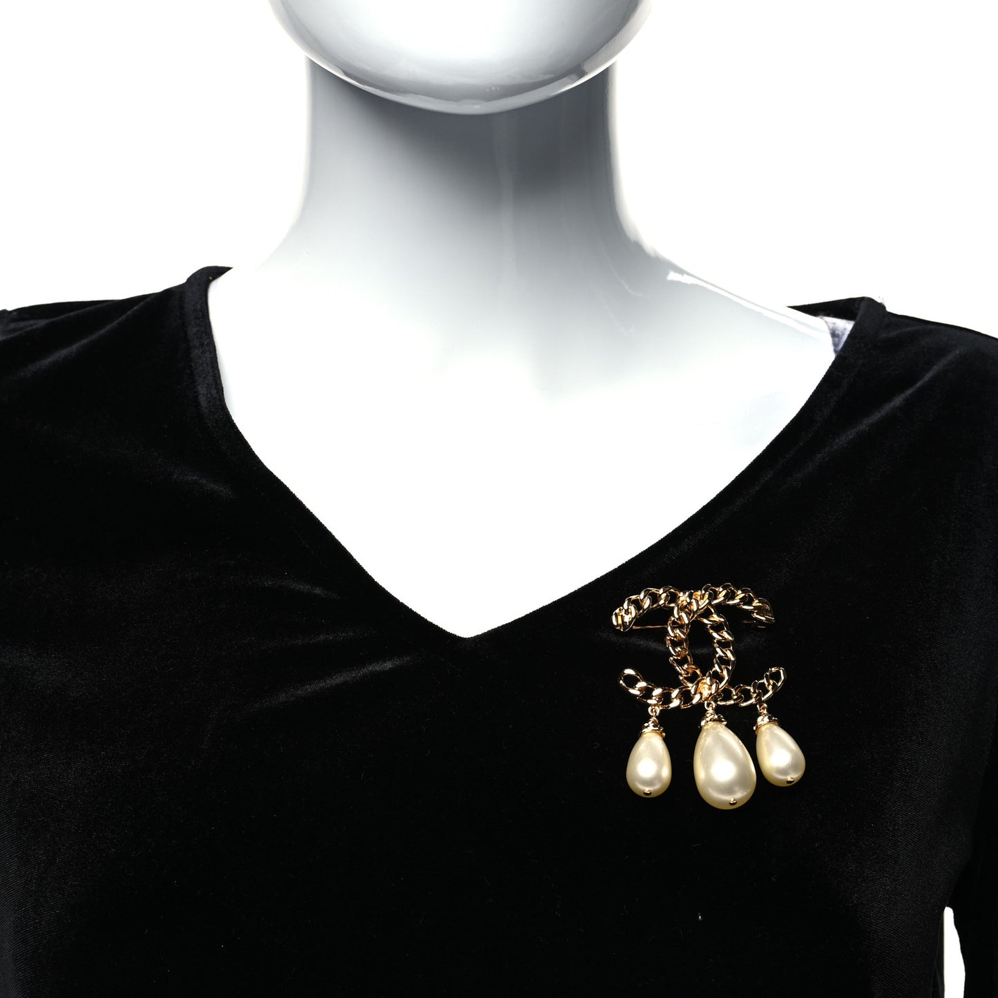 Chain Pearl Drop CC Brooch Gold