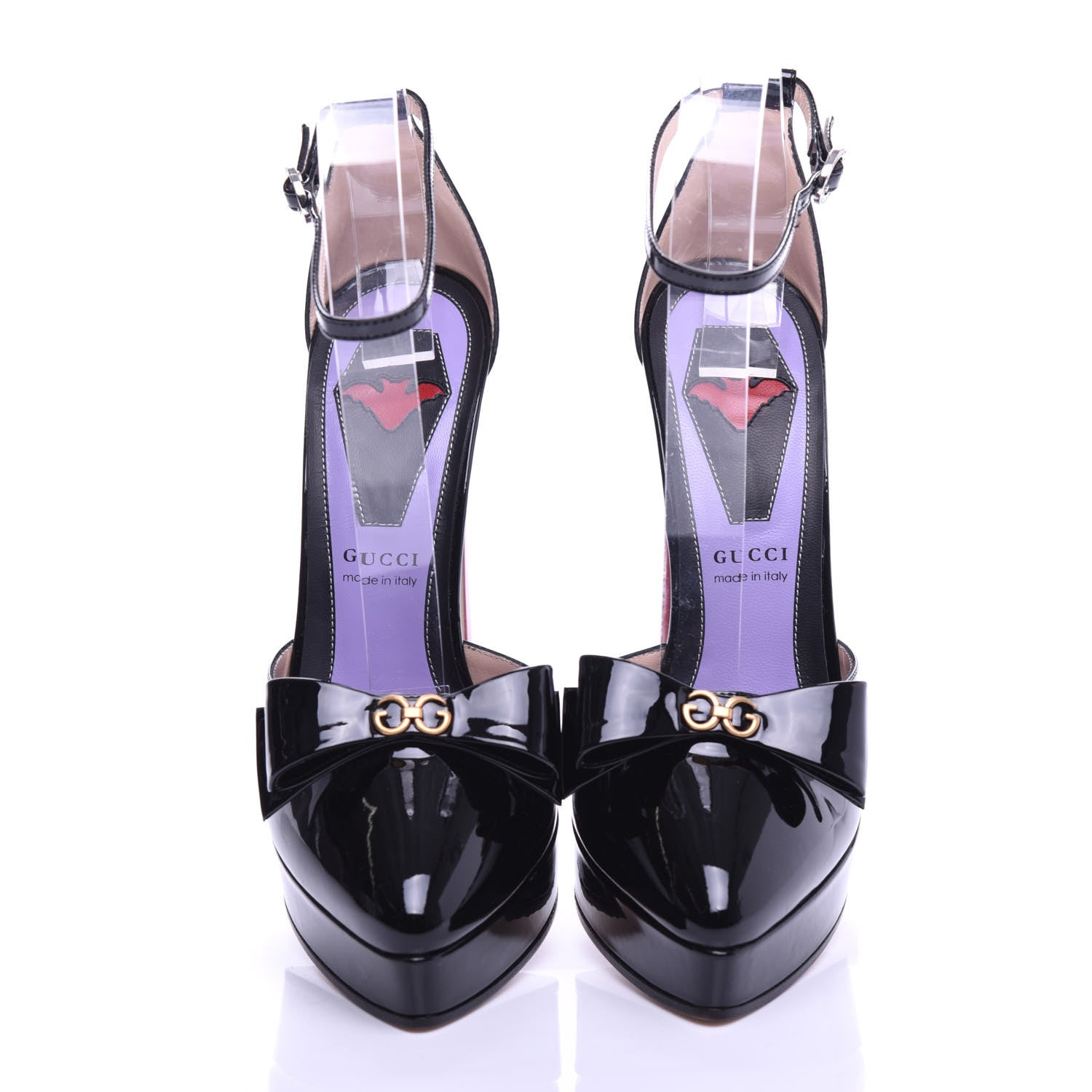 Gucci Patent Crystal GG Bow Sadie Spike Ankle Strap d'Orsay Platform High Heel Pumps 36 Black 5 of 10