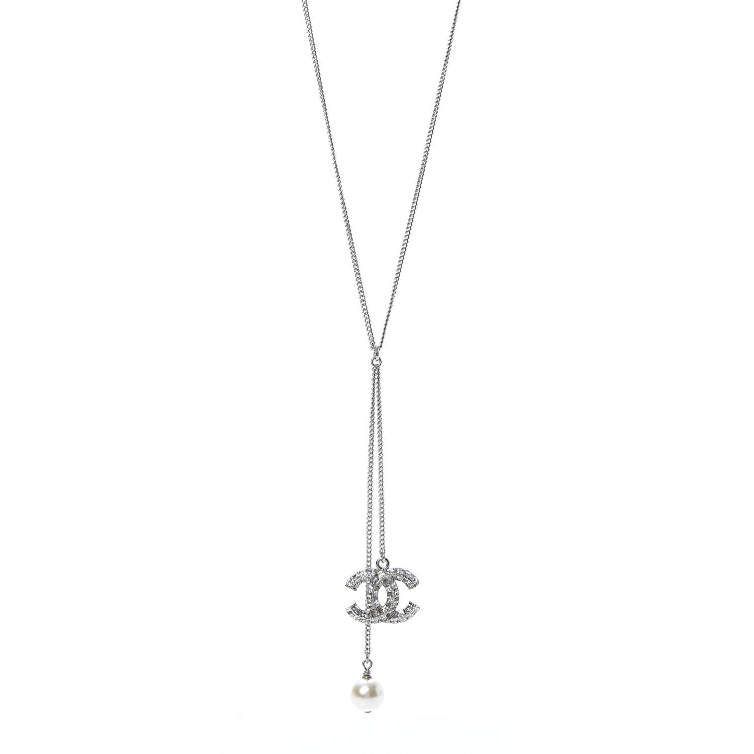 Chanel Baguette Crystal Pearl CC Lariat Necklace Silver 1 of 5