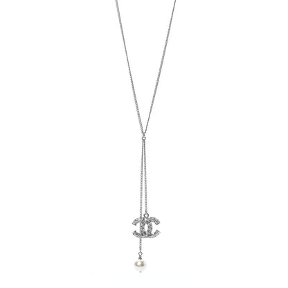 Chanel Baguette Crystal Pearl CC Lariat Necklace Silver 1 of 5