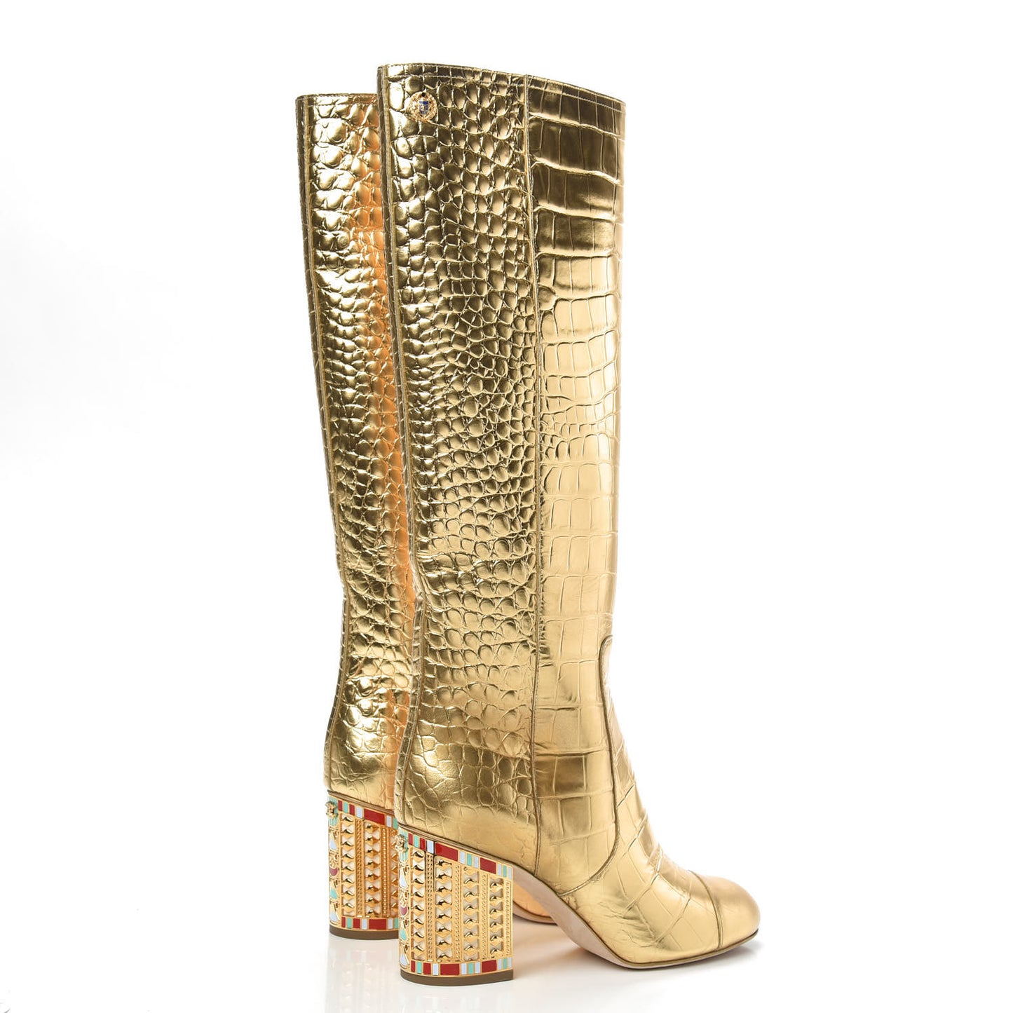 Calfskin Crocodile Embossed Cap Toe High Boots 37 Gold