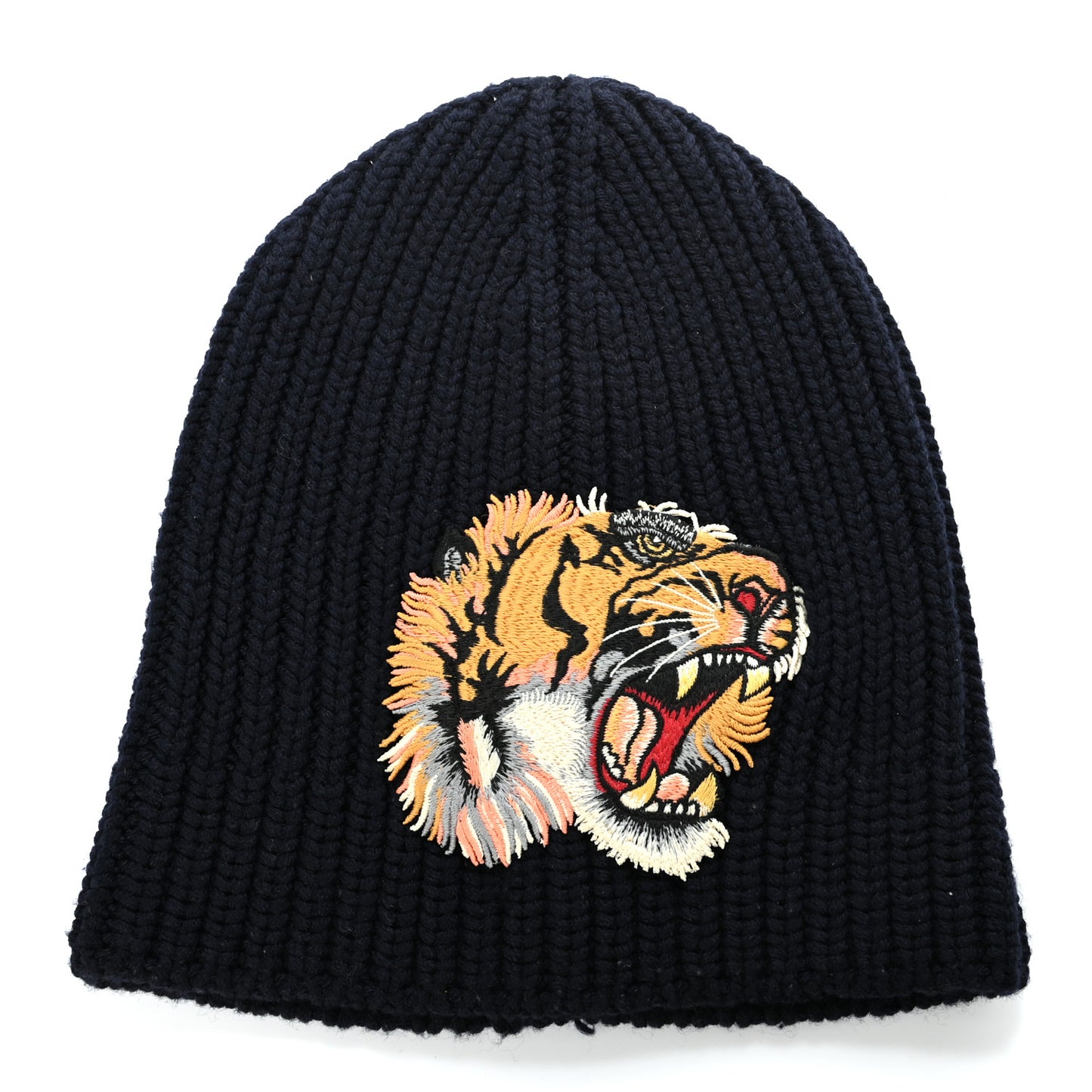 Wool Embroidered Tiger Knit Beanie Hat M Blue