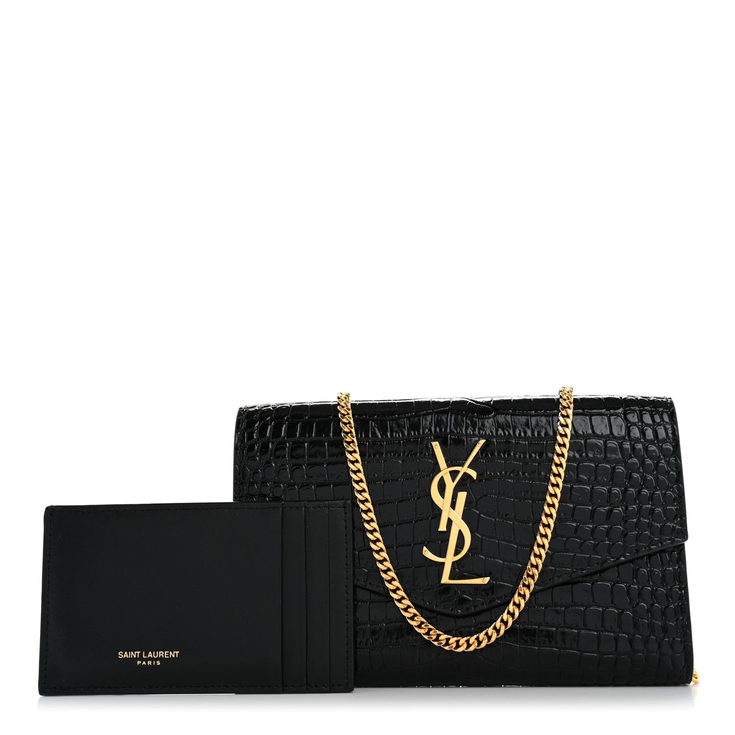 Saint Laurent Calfskin Crocodile Embossed Monogram Uptown Chain Wallet Black 3 of 16