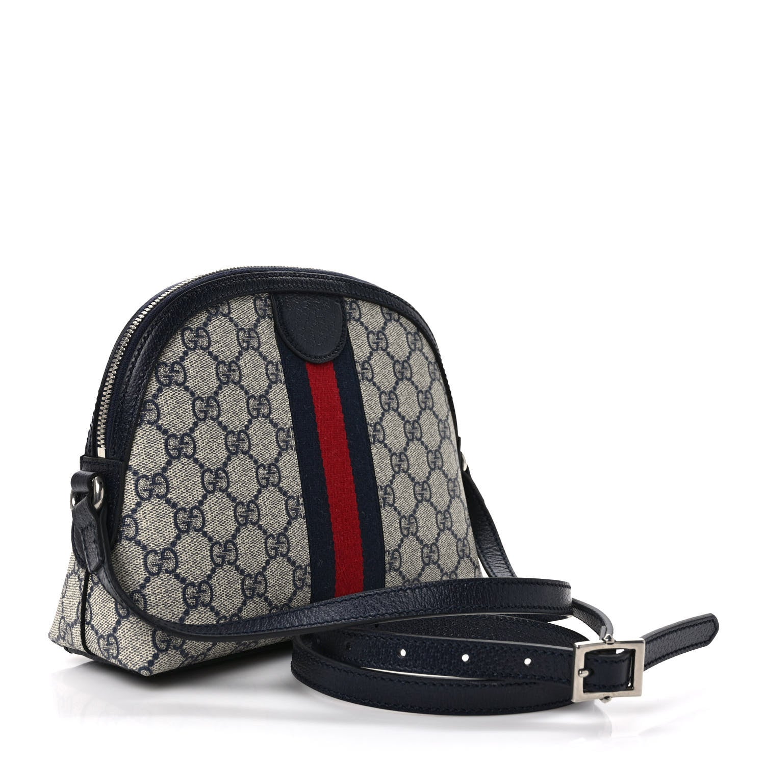 Gucci GG Supreme Monogram Textured Dollar Calfskin Web Small Ophidia Dome Shoulder Bag Beige Blue 3 of 8