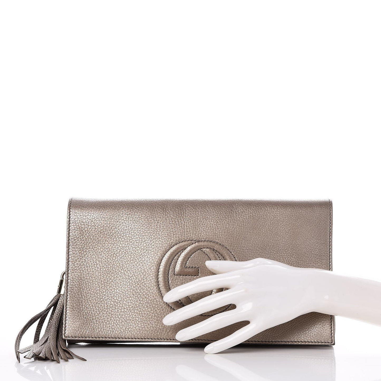 Metallic Pebbled Calfskin Medium Soho Clutch Golden Beige