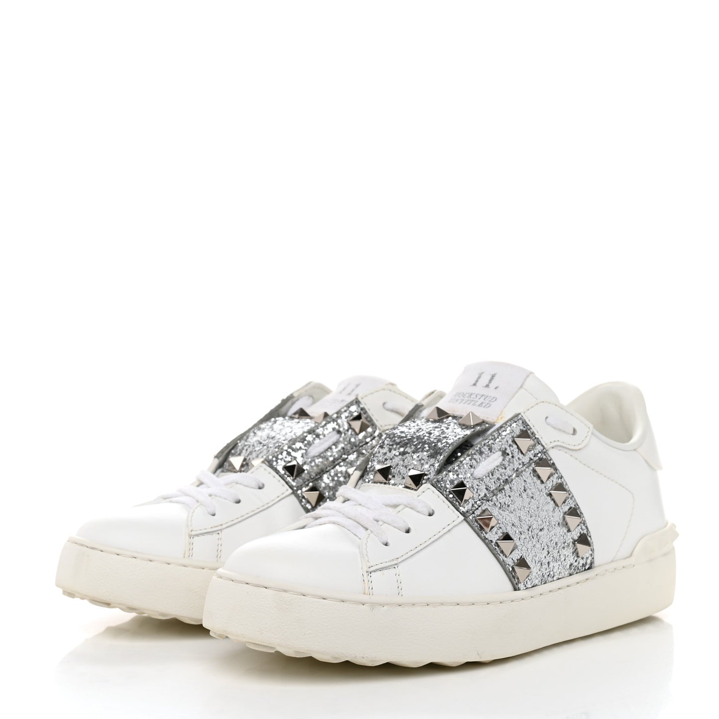 Calfskin Glitter Rockstud Open Sneakers 37 White Silver