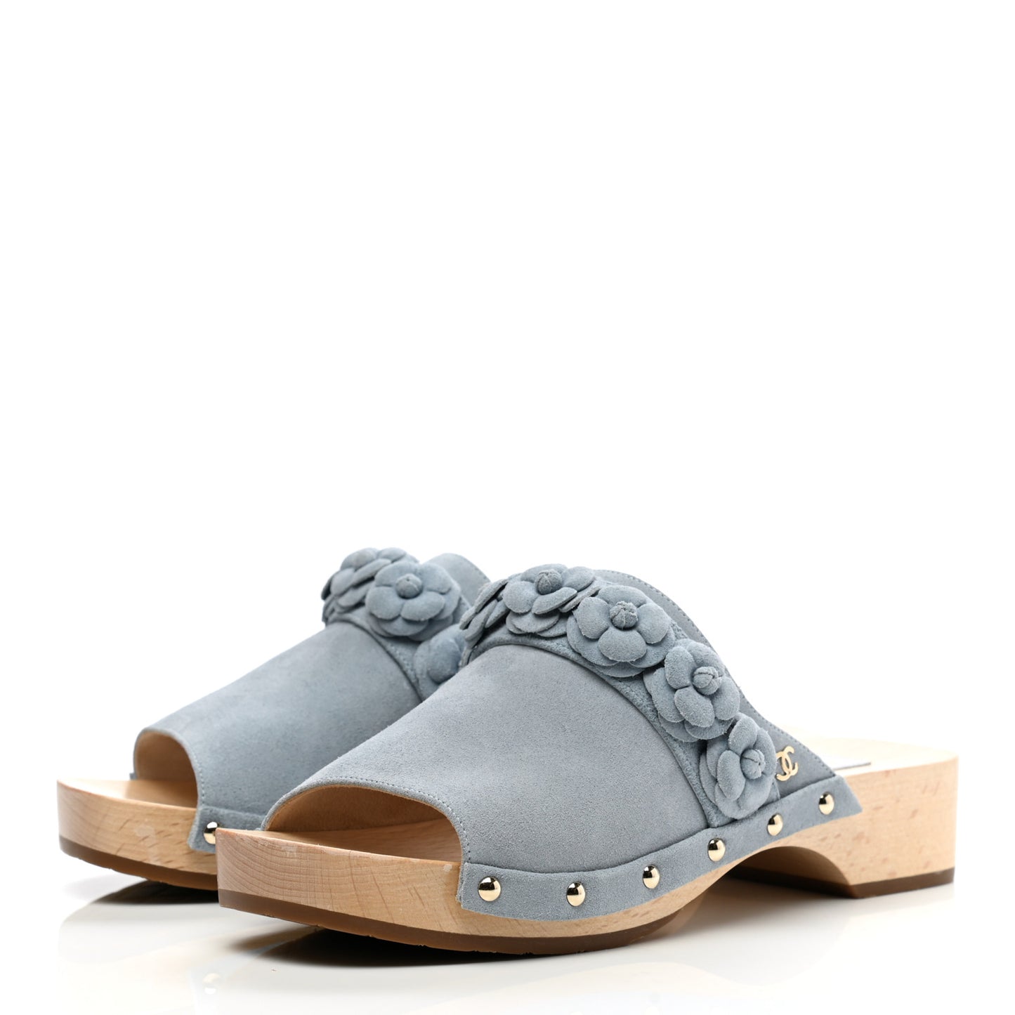 Suede Calfskin Camellia Mules 38 Light Blue