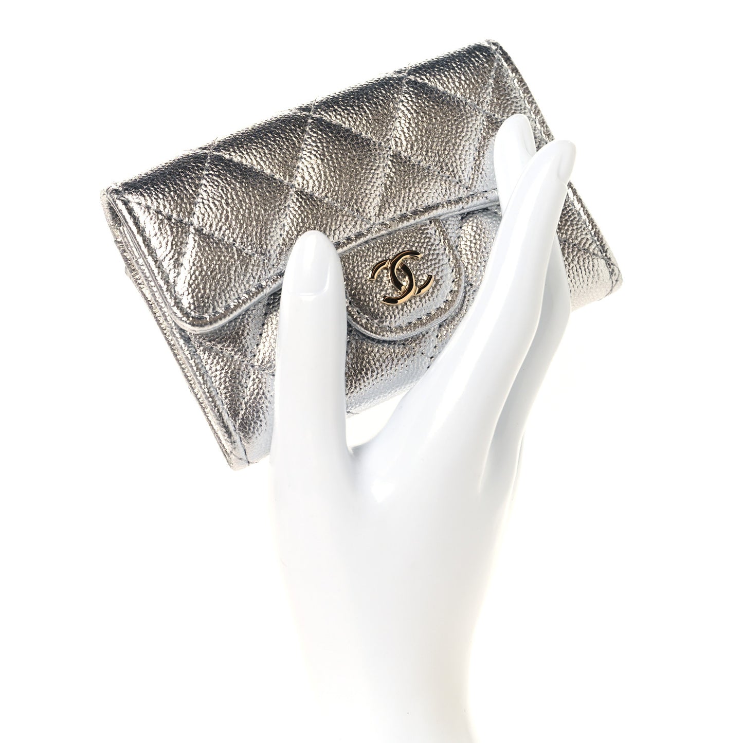 Metallic Caviar Quilted Flap Card Holder Wallet Silvery