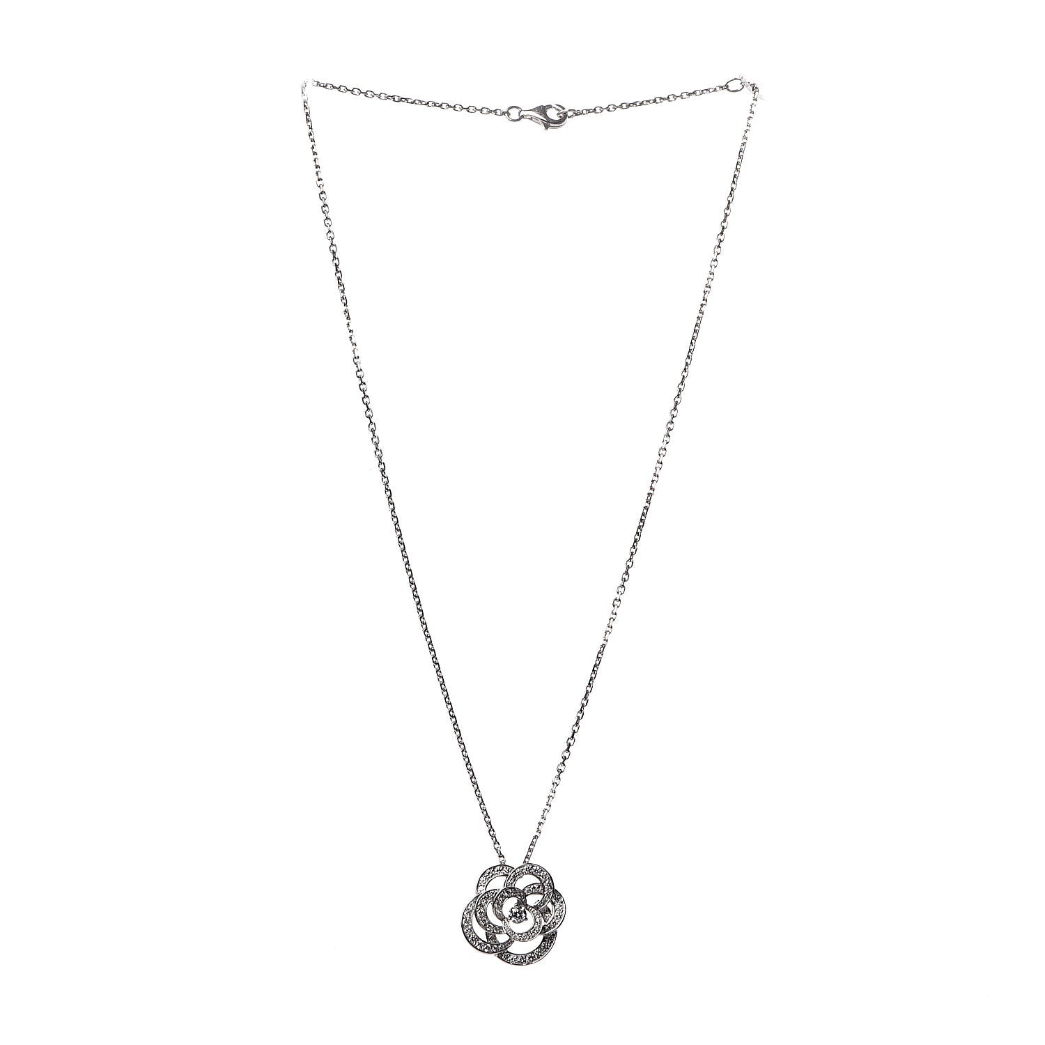 Chanel 18K White Gold Diamond Small Camelia Pendant Necklace 6 of 10
