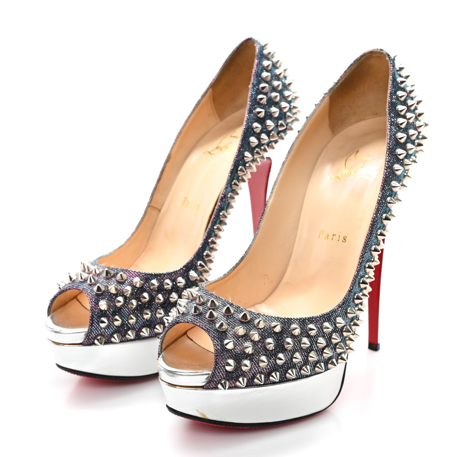 Christian Louboutin Lame Satin Lady Peep Spikes 150 Pumps 39 Turquoise Violet Silver 4 of 9