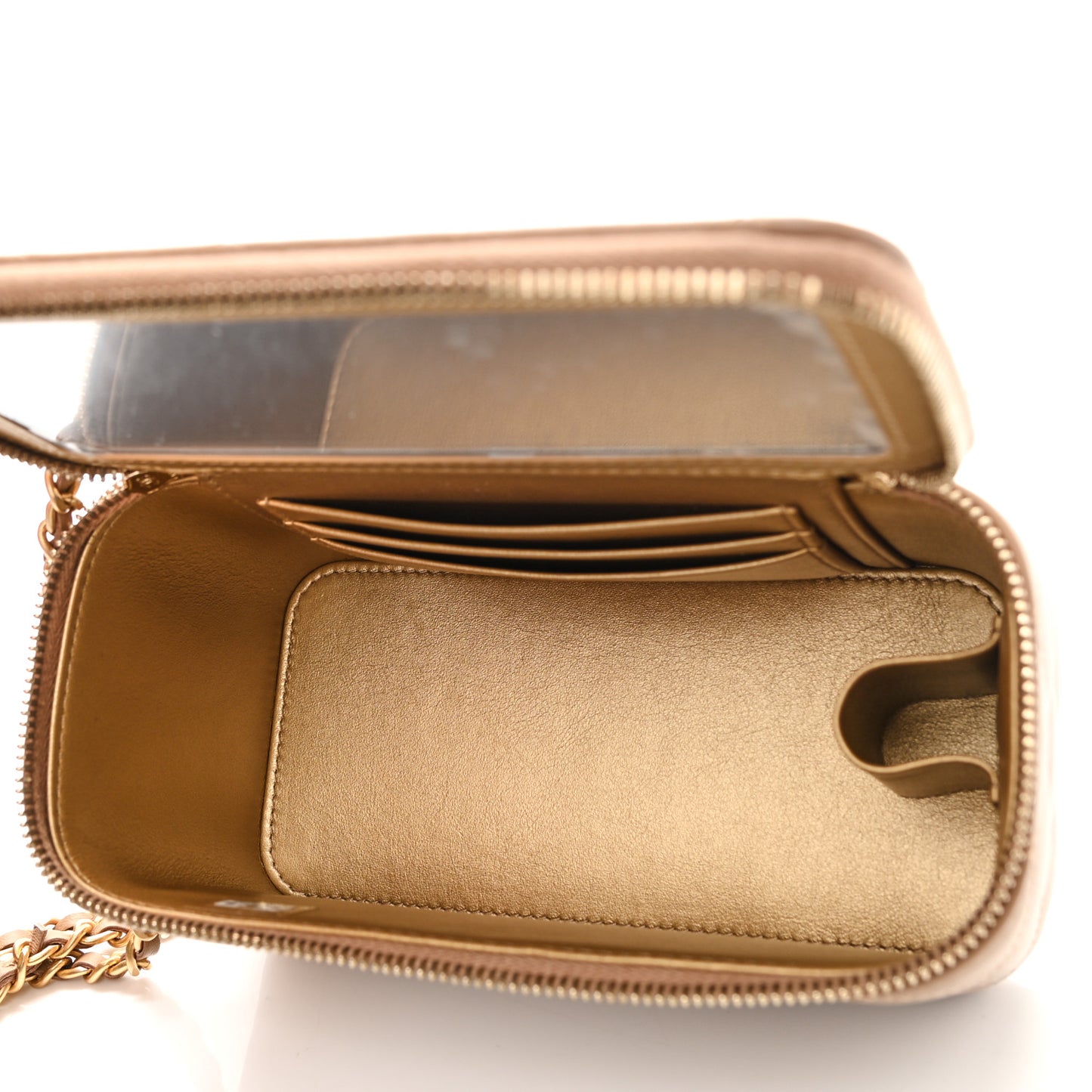 Lambskin Quilted Pearl Crush Small Vanity Case With Chain Beige
