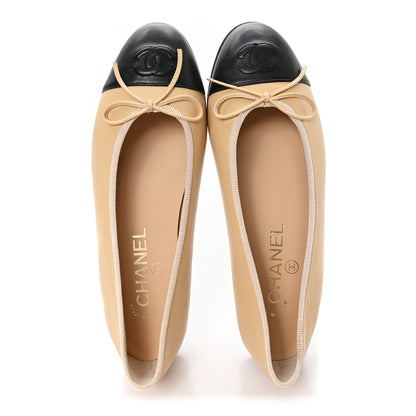 Chanel Lambskin Cap Toe CC Ballerina Flats 35.5 Beige Black 2 of 10