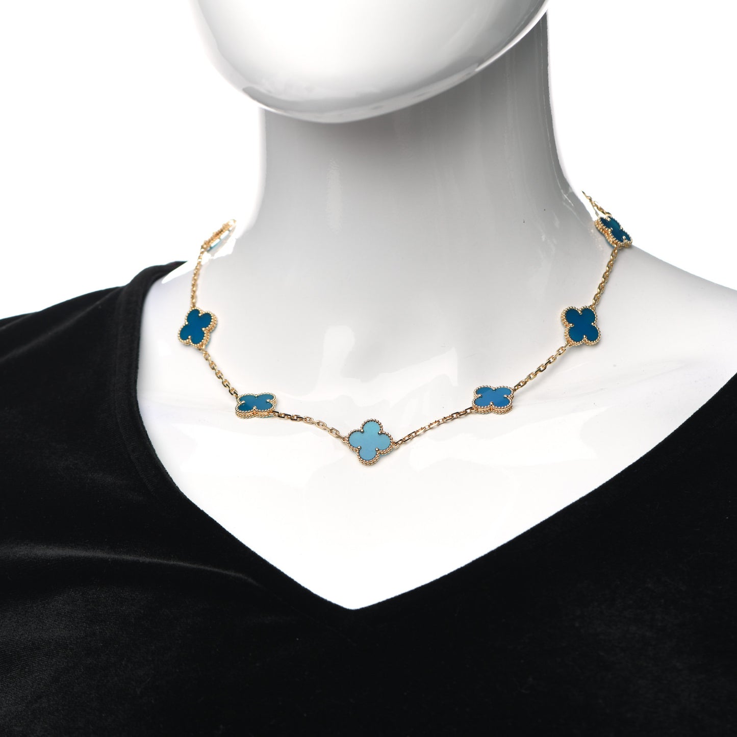 18K Yellow Gold Blue Agate 10 Motifs Vintage Alhambra Necklace