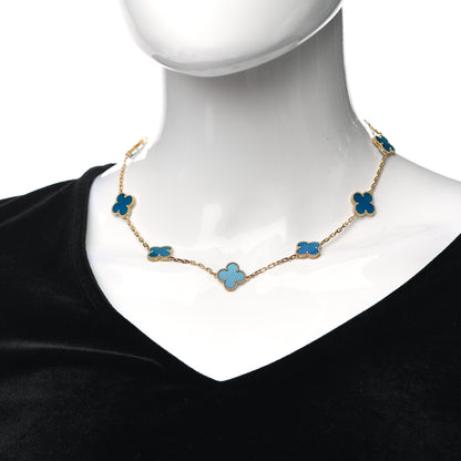Van Cleef & Arpels 18K Yellow Gold Blue Agate 10 Motifs Vintage Alhambra Necklace 2 of 5