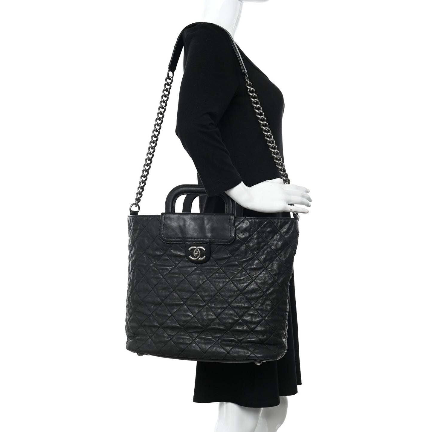 Iridescent Calfskin Quilted In The Mix Shopping Tote Black
