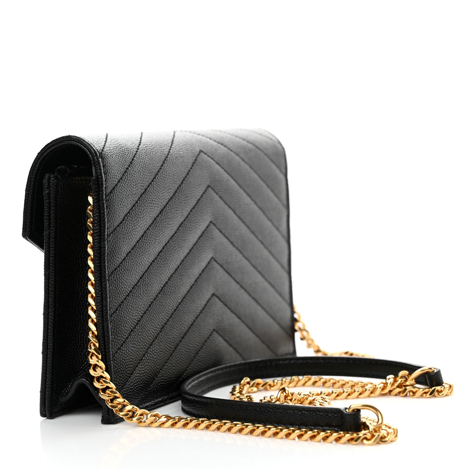 Saint Laurent Grain De Poudre Matelasse Chevron Monogram Envelope Chain Wallet Black 3 of 13