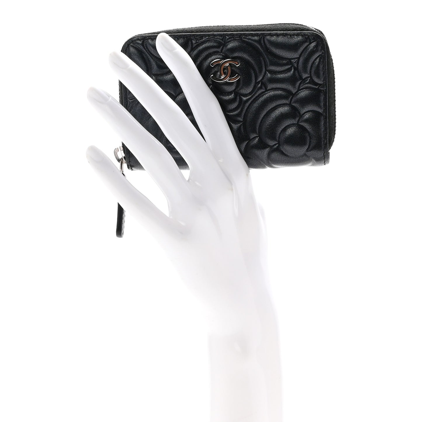 Iridescent Lambskin Camellia Embossed Zip Coin Purse Black