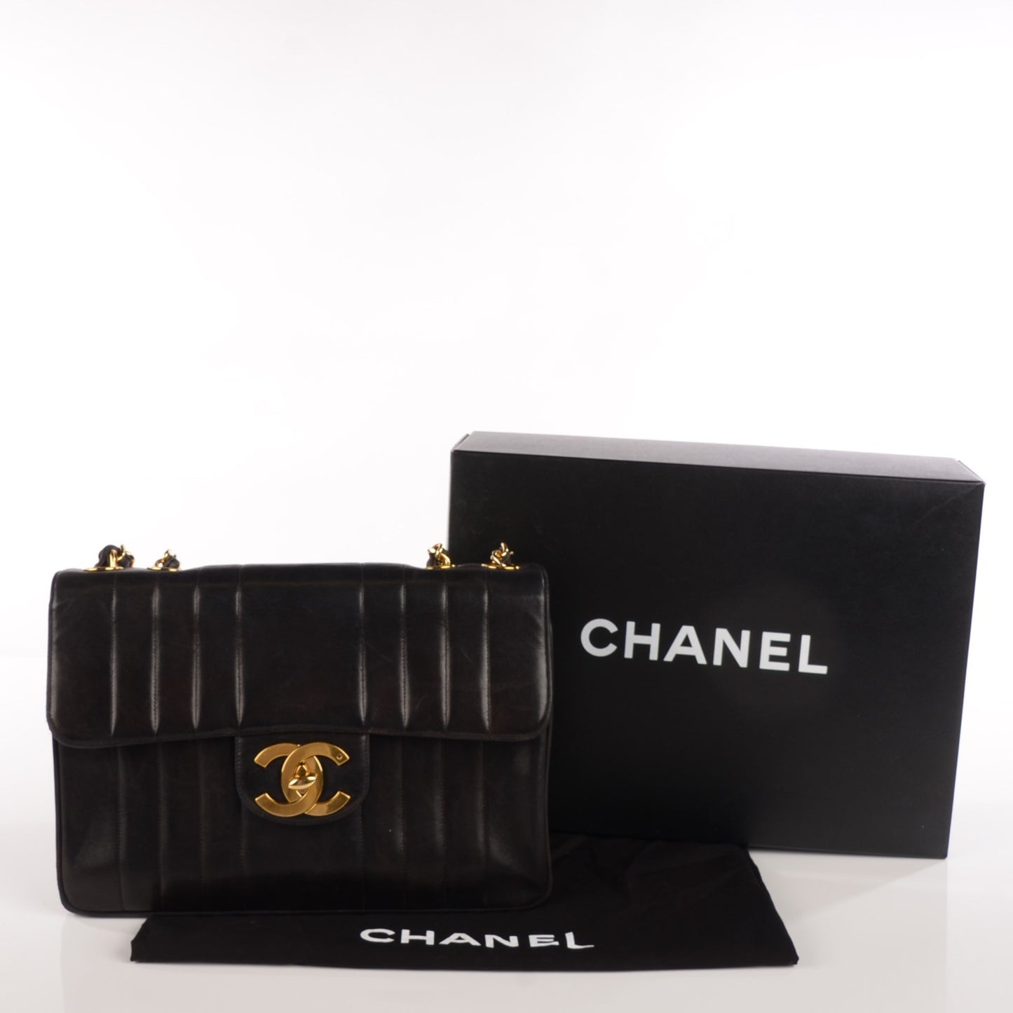 Lambskin Vertical Quilt Jumbo Flap Black