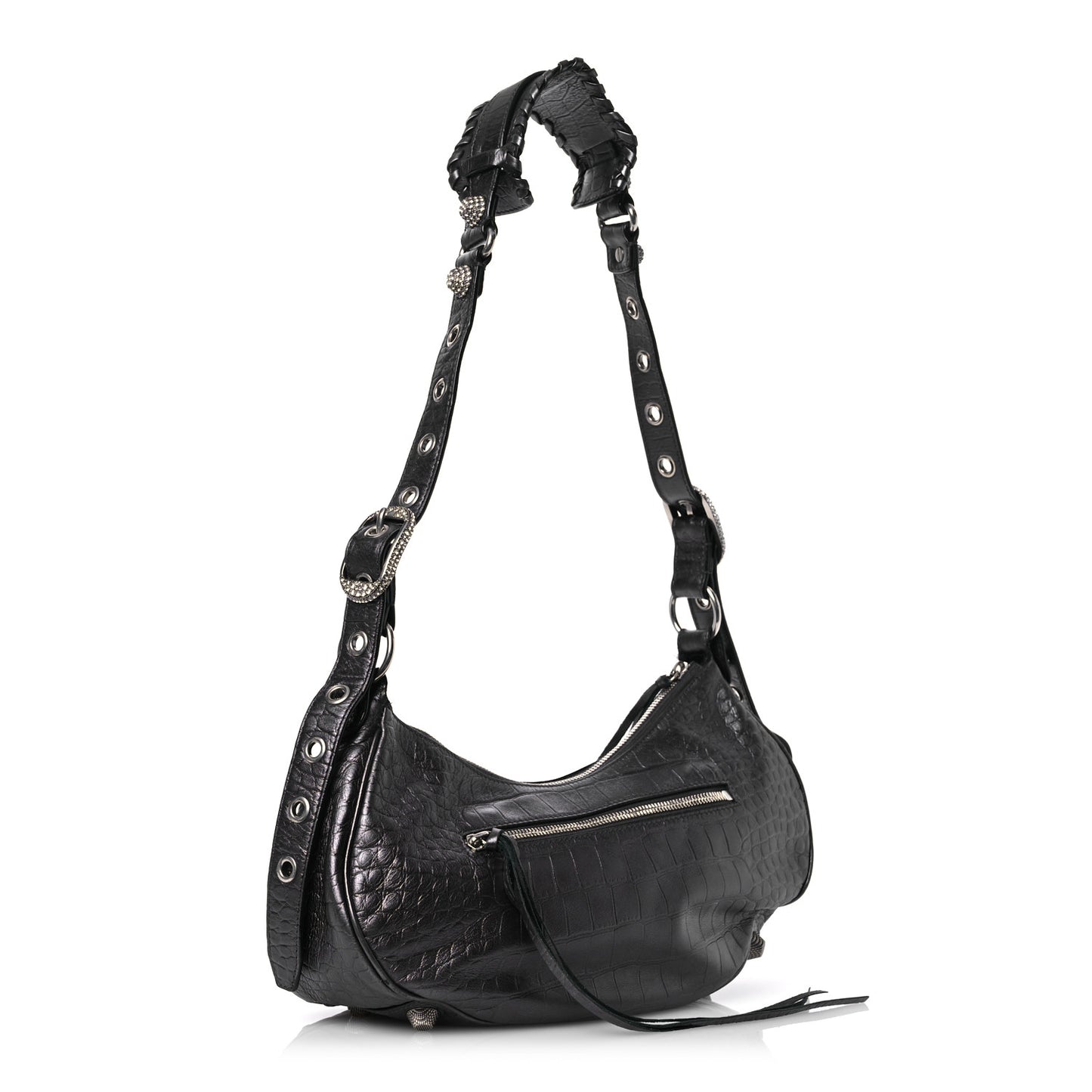 Metallic Calfskin Crocodile Embossed Crystal Small Le Cagole Shoulder Bag Gunmetal