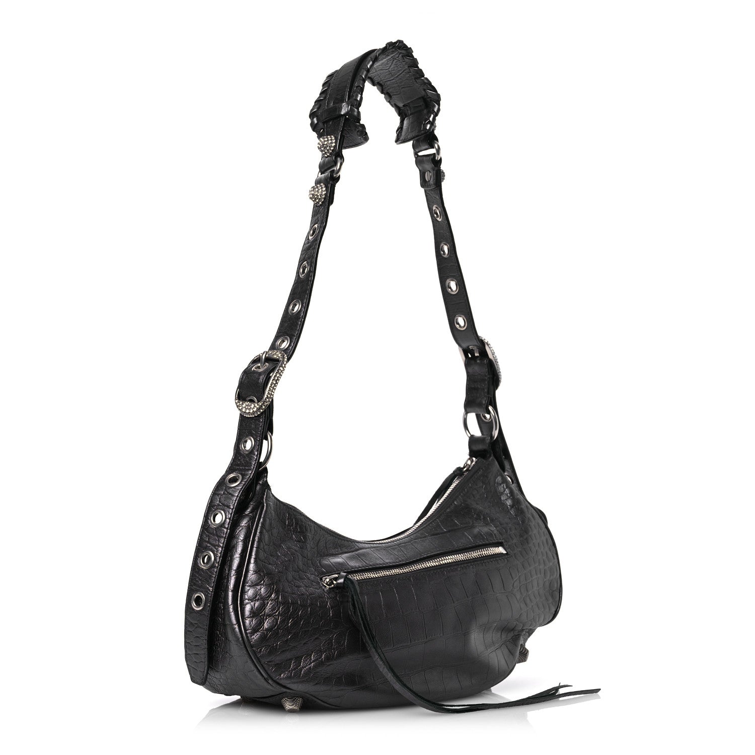 Balenciaga Metallic Calfskin Crocodile Embossed Crystal Small Le Cagole Shoulder Bag Gunmetal 3 of 14