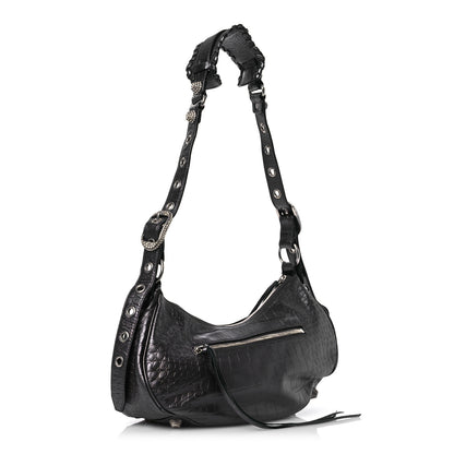 Balenciaga Metallic Calfskin Crocodile Embossed Crystal Small Le Cagole Shoulder Bag Gunmetal 3 of 14