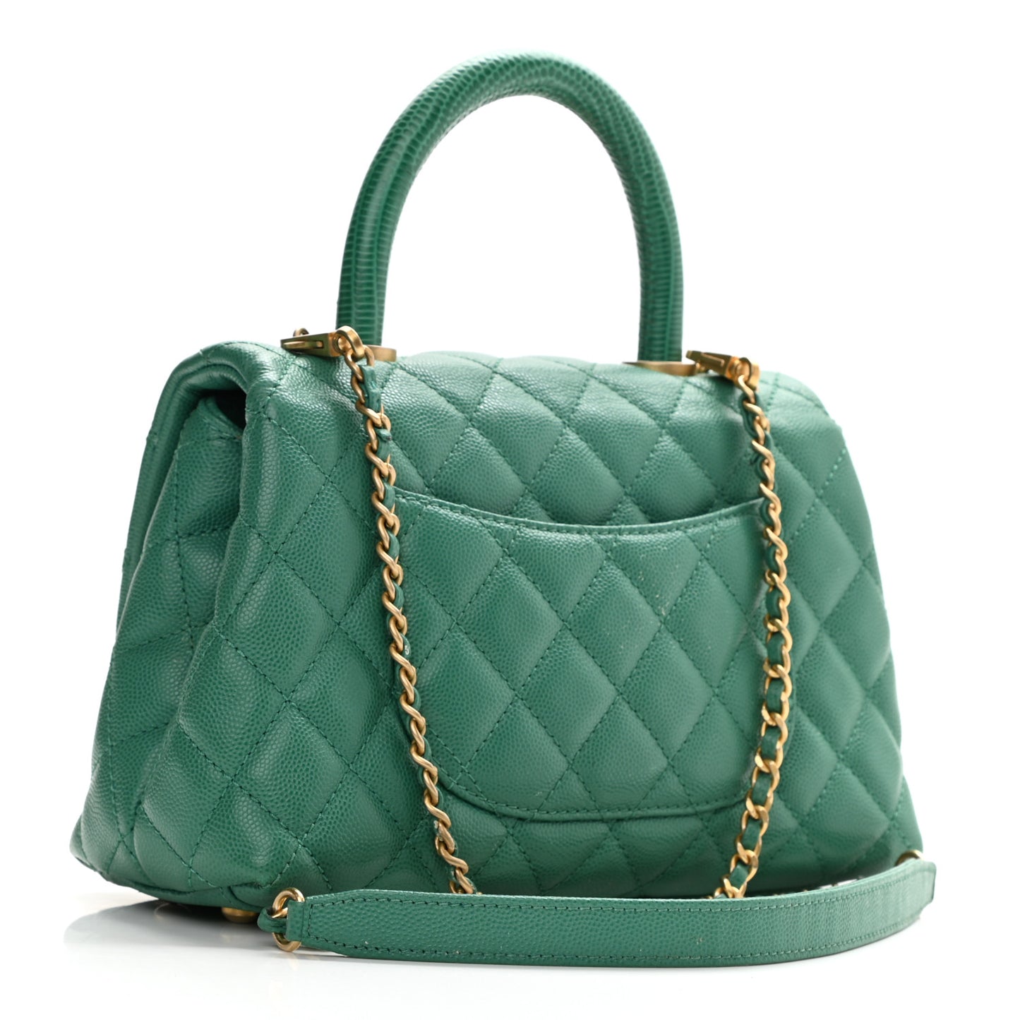Caviar Quilted Lizard Embossed Mini Coco Handle Flap Green