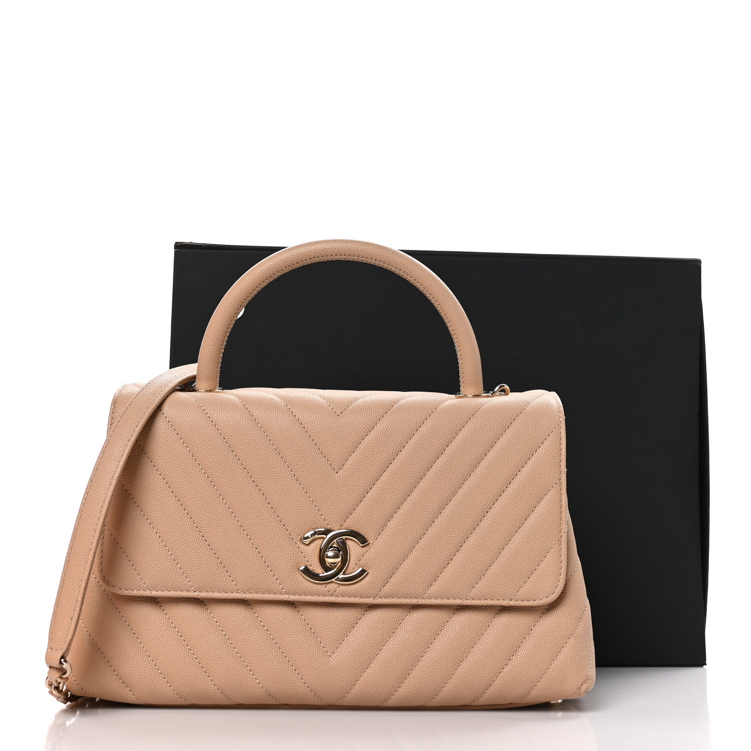 Chanel Caviar Chevron Quilted Small Coco Handle Flap Beige 11 of 11