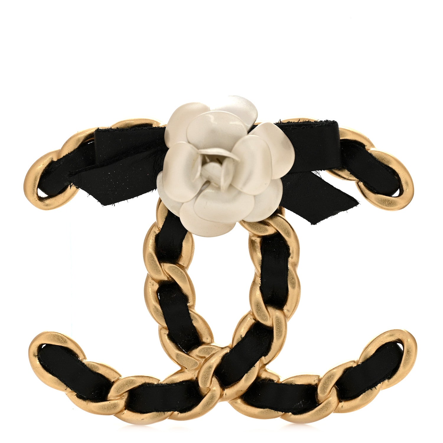 Chanel Lambskin Chain Camellia CC Brooch Black Gold 1 of 5
