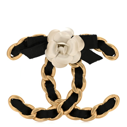 Chanel Lambskin Chain Camellia CC Brooch Black Gold 1 of 5