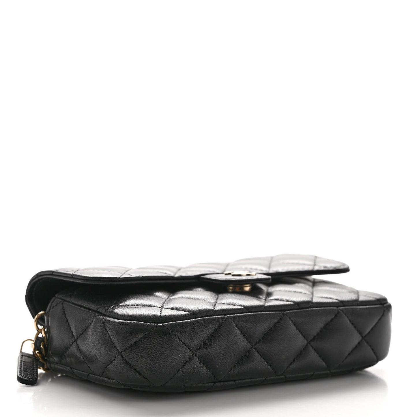 Lambskin Quilted Flap Phone Holder With Chain Black
