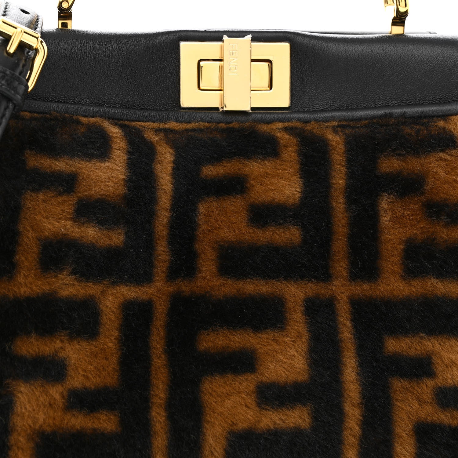 Fendi Shearling Nappa Macro FF 1974 Mini Peekaboo Iconic Satchel Tobacco Black 9 of 12