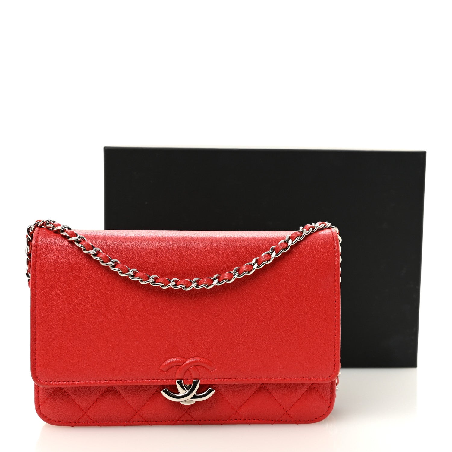 Chanel Grained Calfskin Quilted CC Box Wallet On Chain WOC Red 12 of 12