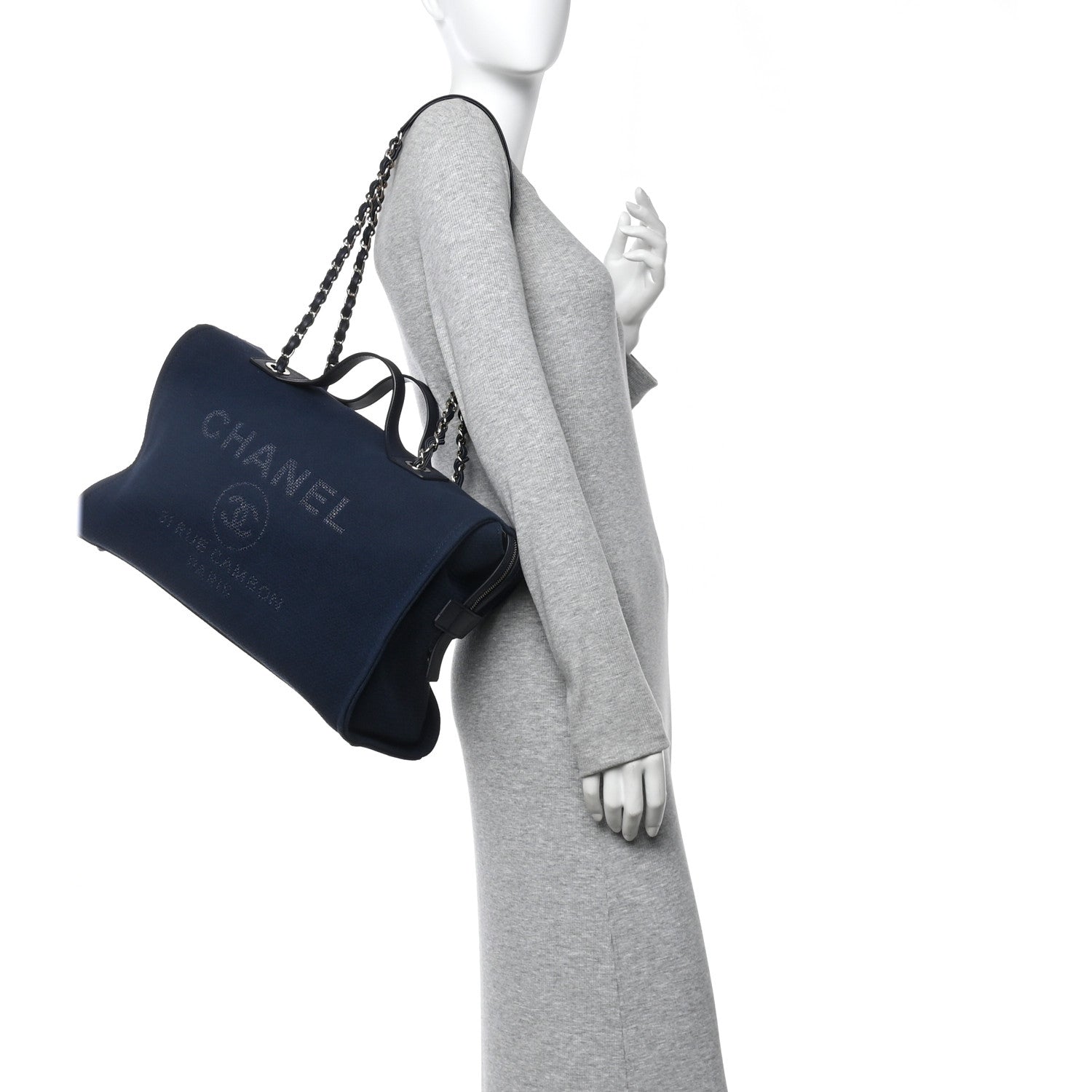 Chanel Mixed Fibers Large Deauville Bowling Bag Navy Blue 1843438
