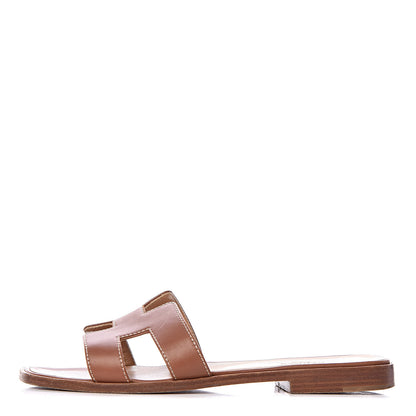 Hermes Box Calfskin Oran Sandals 37.5 Gold 1 of 14