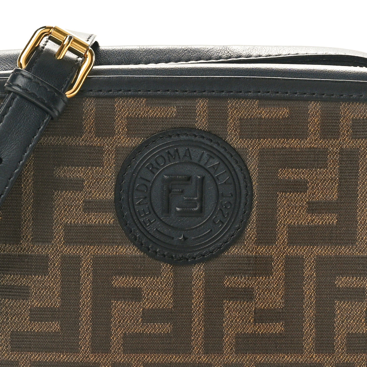 Fendi Glazed Fabric Vitello Century FF 1974 Stamp Patch Mini Camera Case Mogano Panna Black 9 of 11