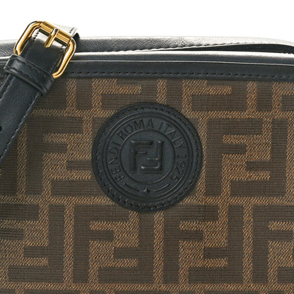 Fendi Glazed Fabric Vitello Century FF 1974 Stamp Patch Mini Camera Case Mogano Panna Black 9 of 11