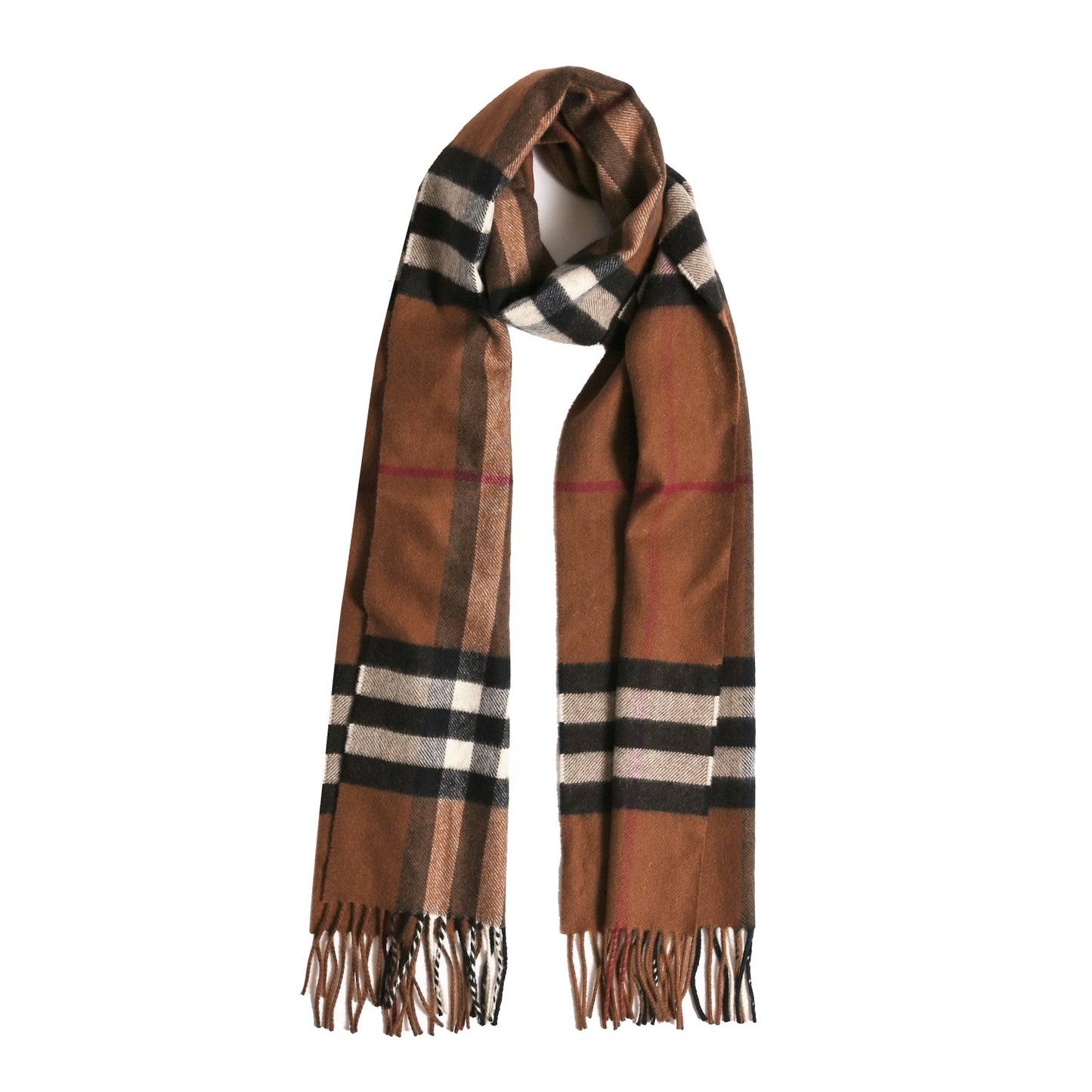 Cashmere Giant Check Fringe Scarf Birch Brown
