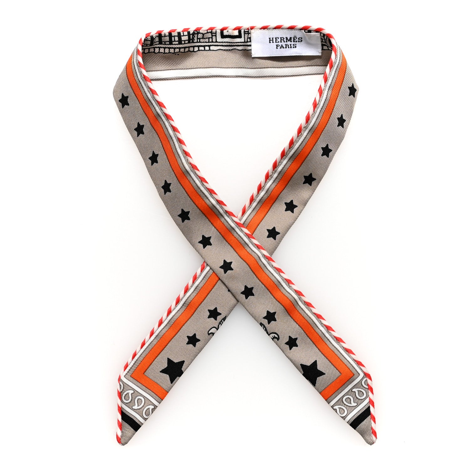 Hermes Silk Candy Doll Hermes-Paris Station Twilly Gris Cendre Orange Black 1 of 3