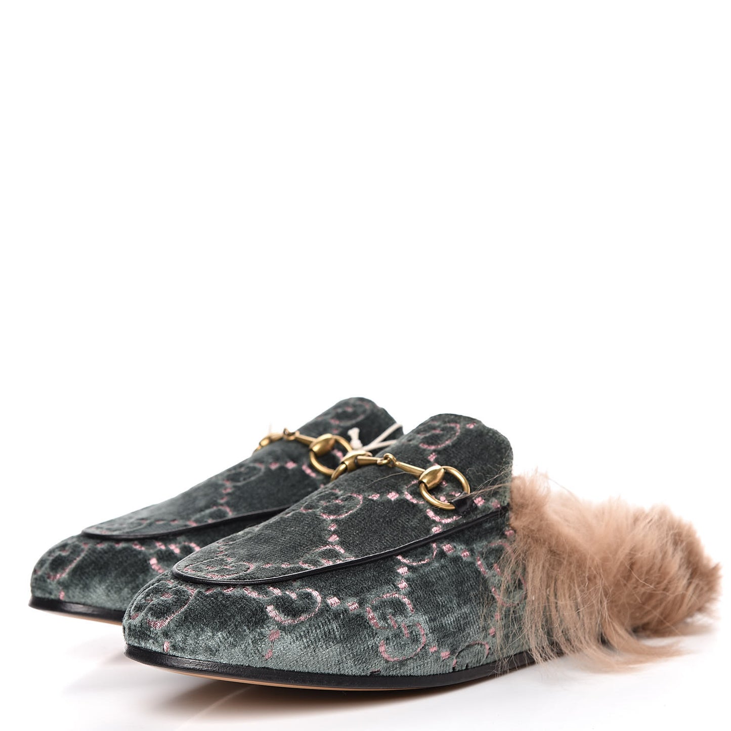 Velvet GG Monogram Fur Womens Princetown Slippers 38 Avio Dusty Pink