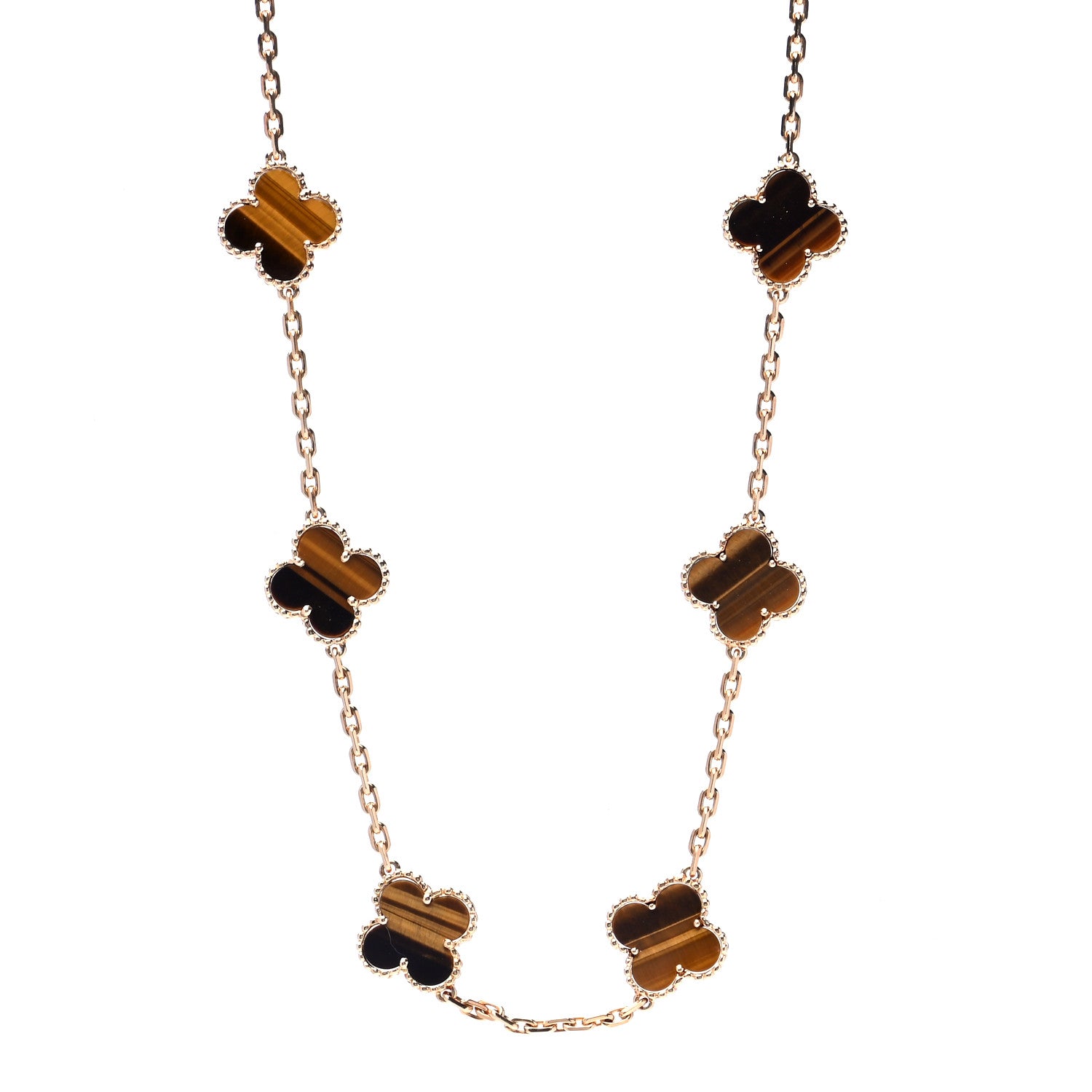 Van Cleef & Arpels 18K Yellow Gold Tiger Eye 10 Motifs Vintage Alhambra Necklace 1 of 6