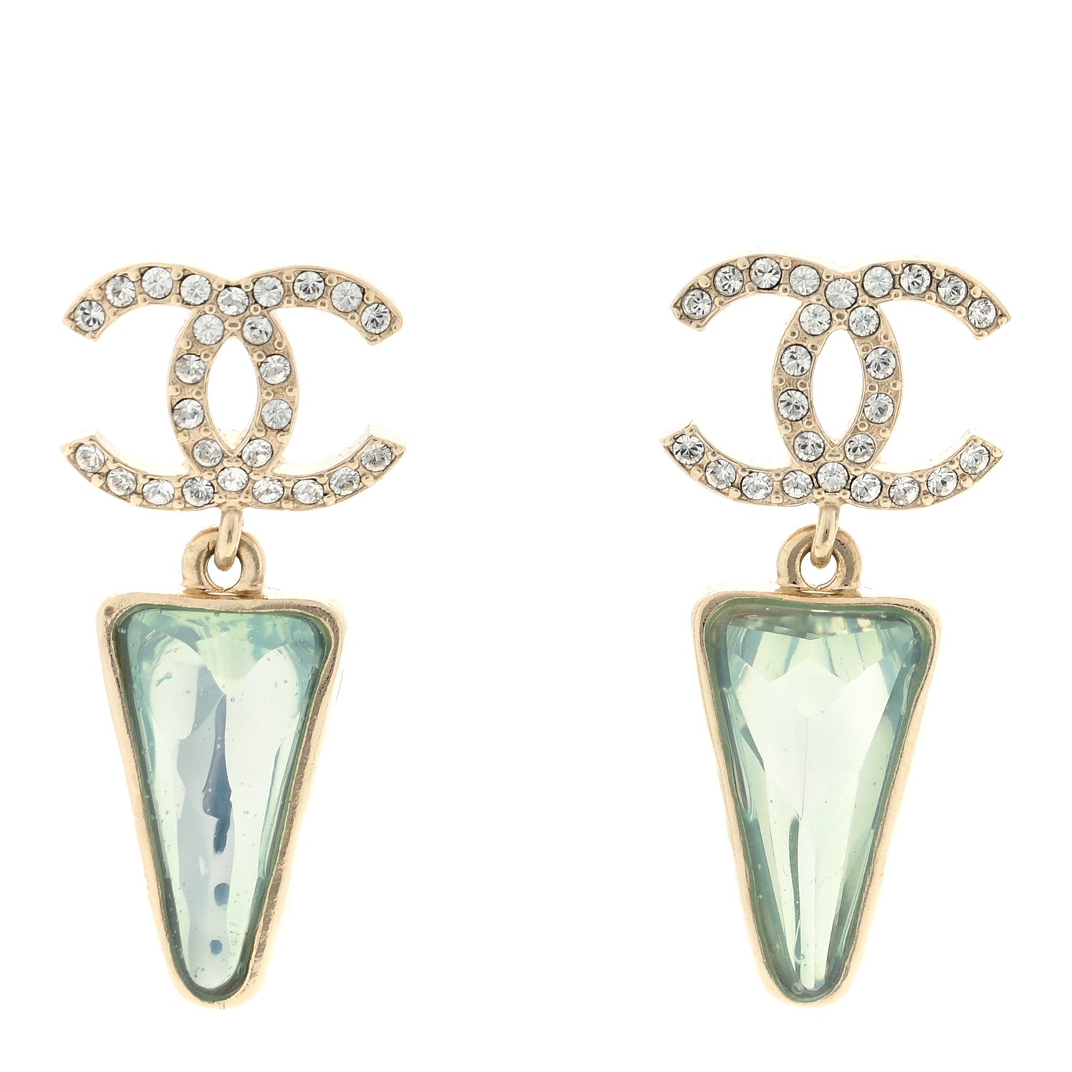 Chanel Crystal CC Drop Earrings Green Gold 1 of 4