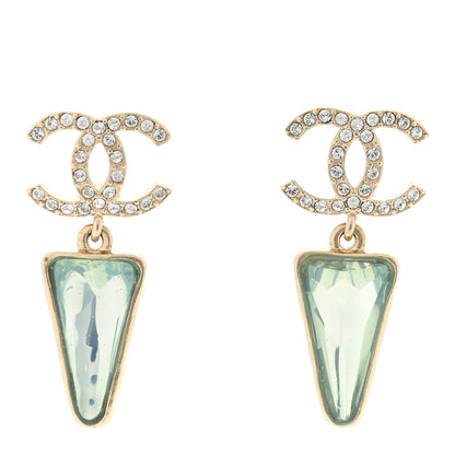Chanel Crystal CC Drop Earrings Green Gold 1 of 4