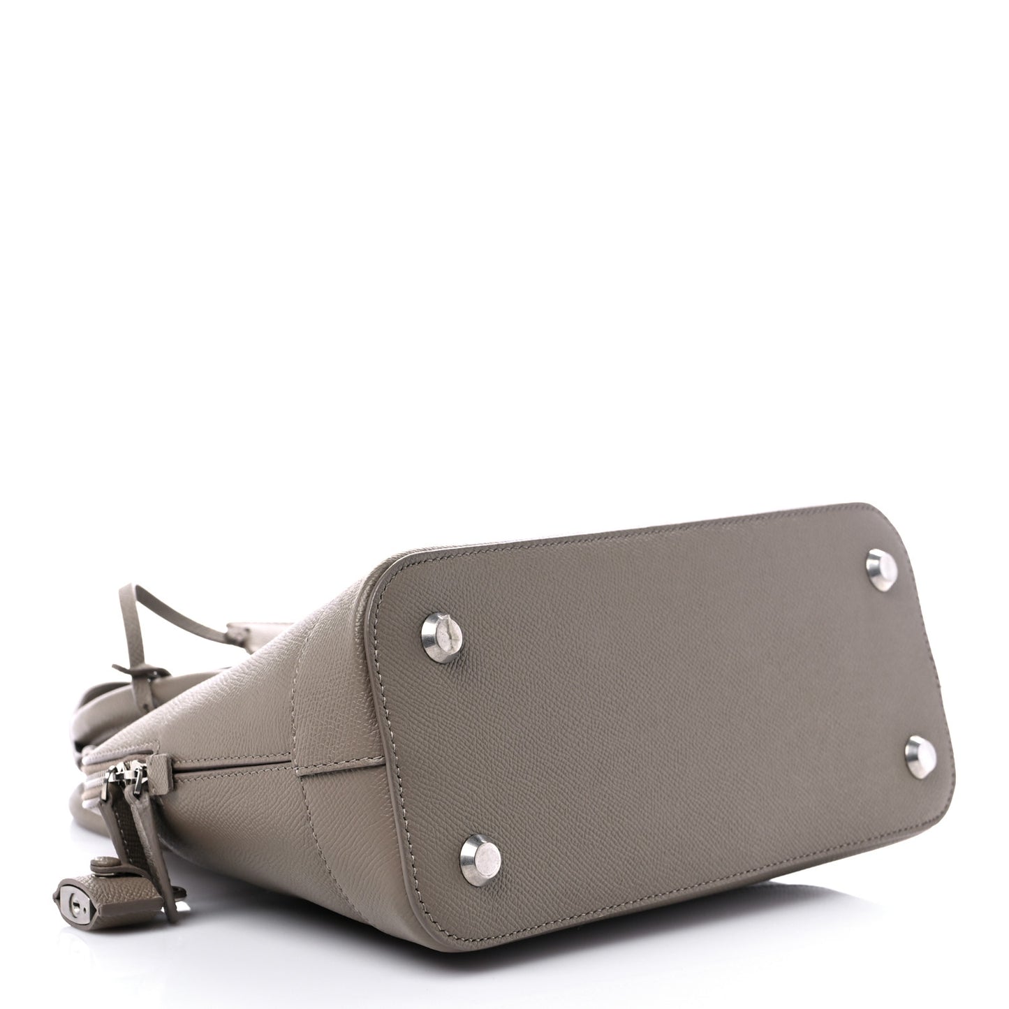 Signature Grained Calfskin Logo S Ville Top Handle Bag Mink Grey White