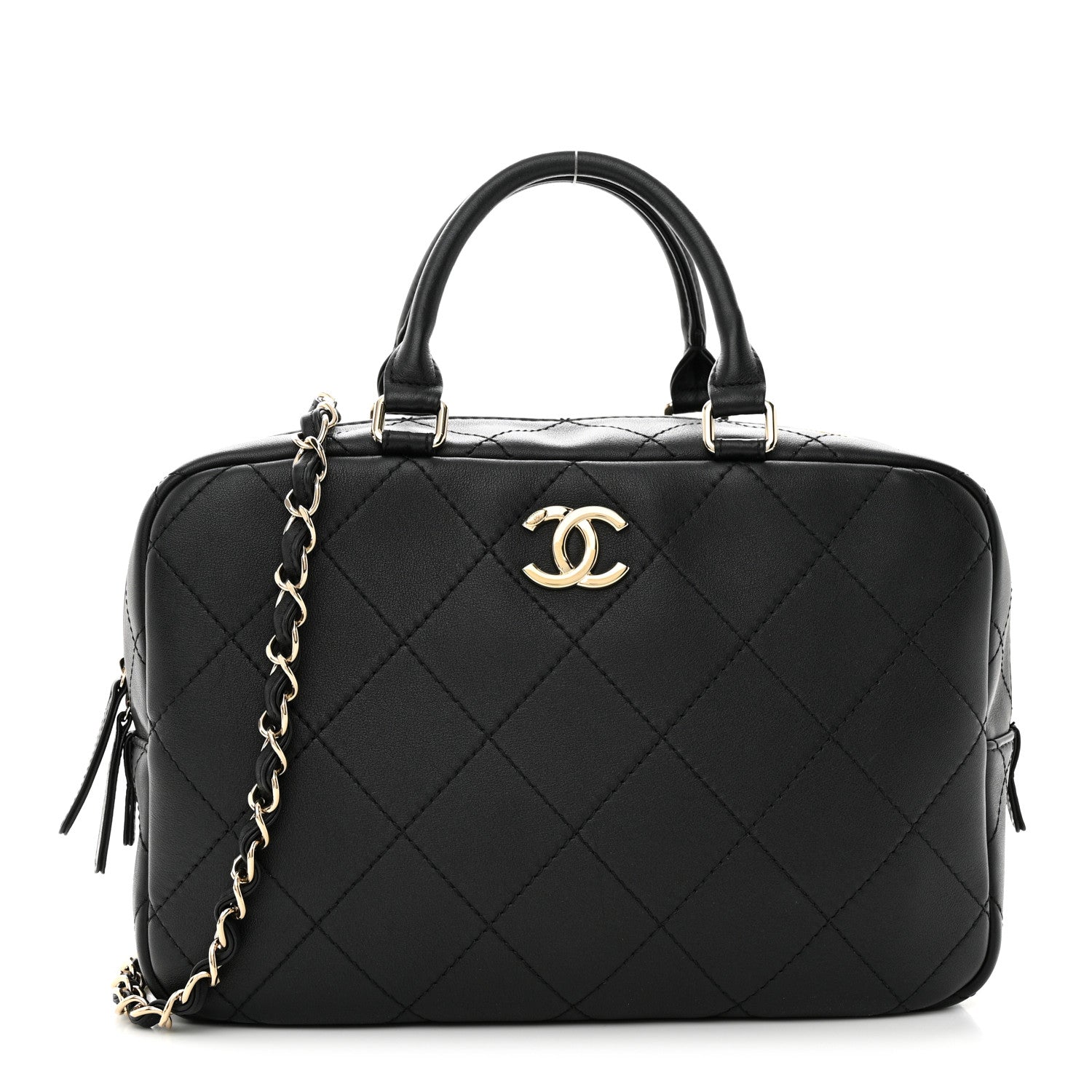 Chanel Calfskin Diamond Stitched Top Handle Bowling Bag Black 1 of 10